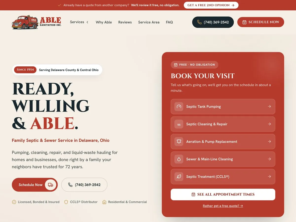 Concept homepage we designed for Able Sanitation