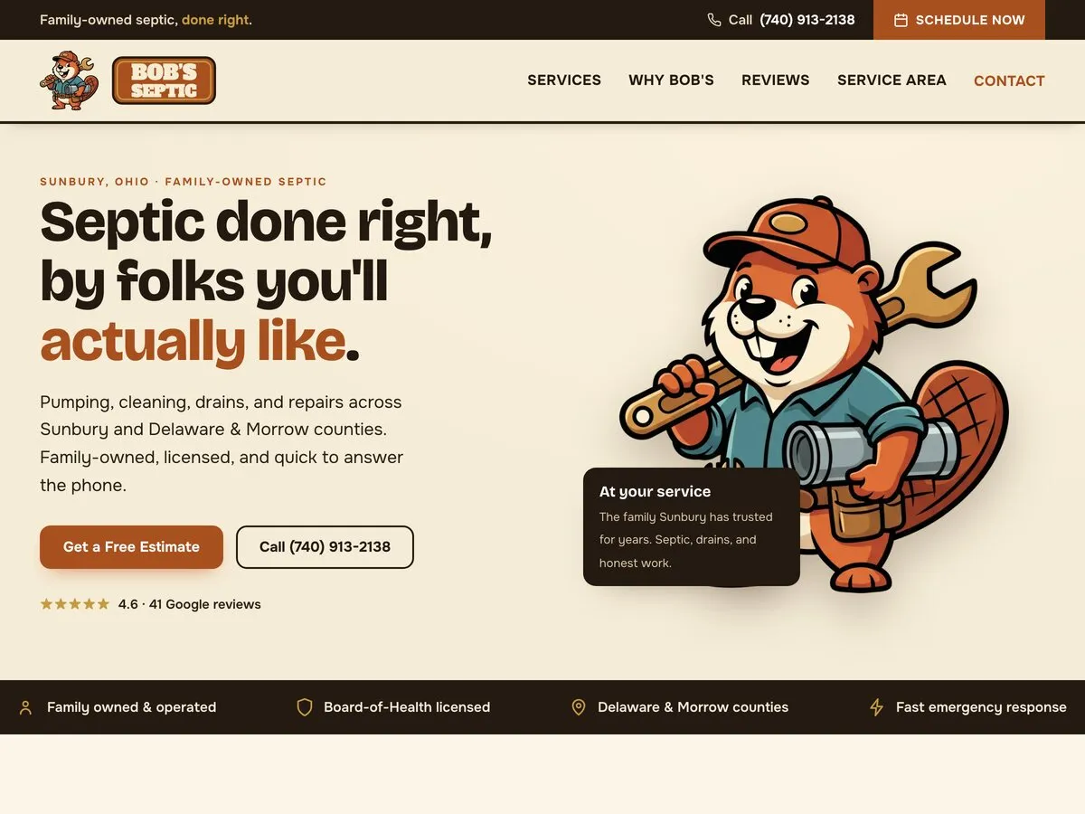 Concept homepage we designed for Bob's Septic