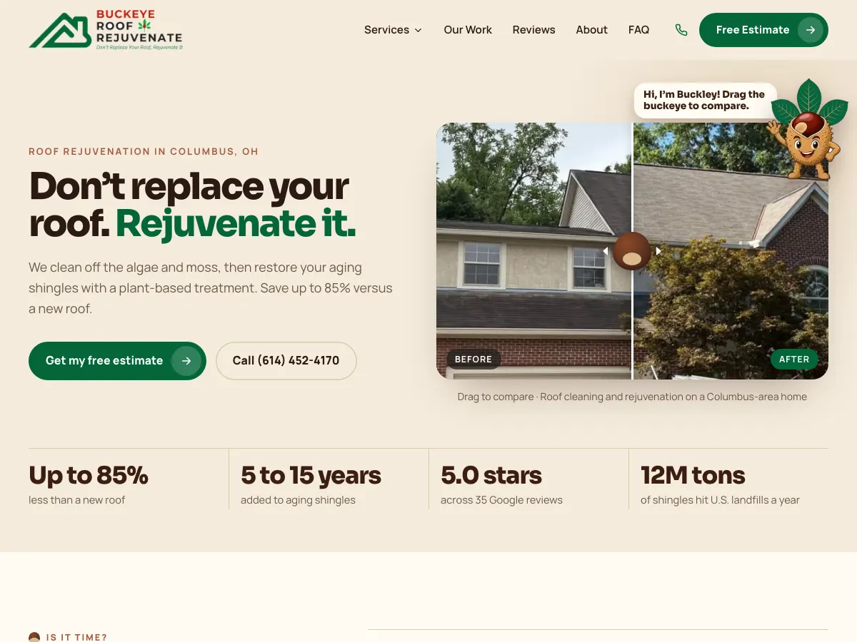 Concept homepage we designed for Buckeye Roof Rejuvenate