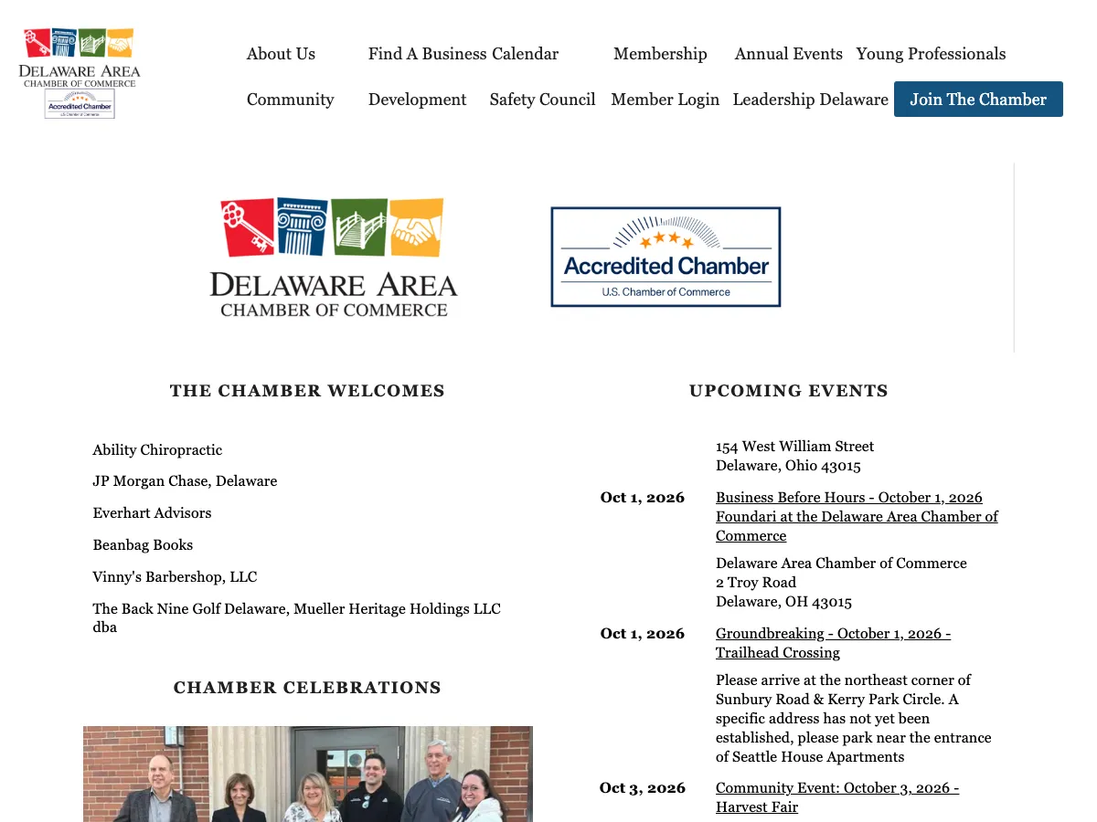 The current Delaware Area Chamber of Commerce website
