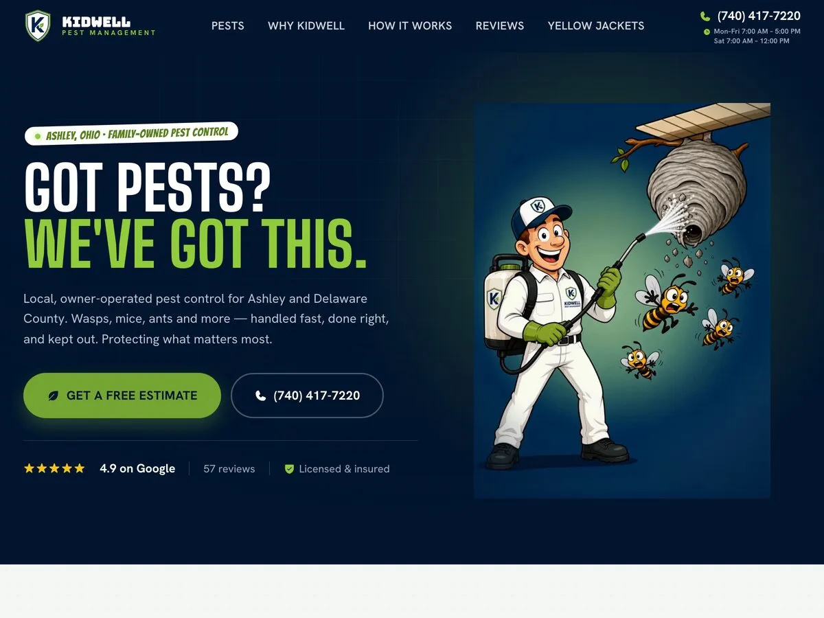 Concept homepage we designed for Kidwell Pest Management