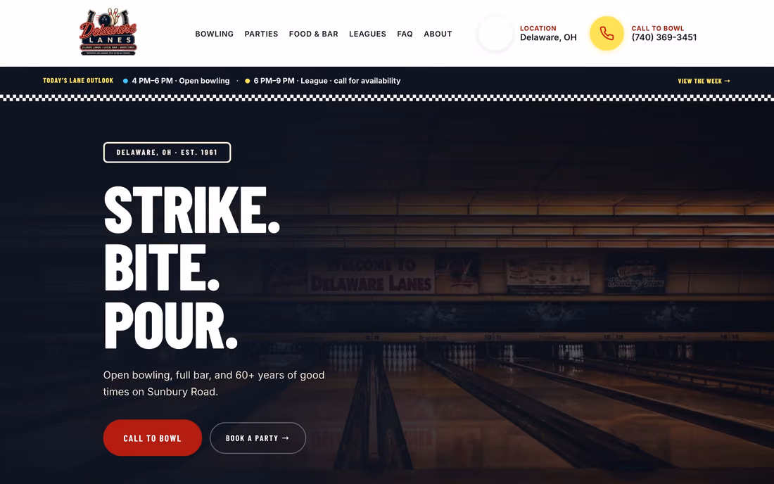 The Delaware Lanes website homepage