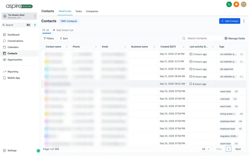 The Contacts view inside your Aspire hub